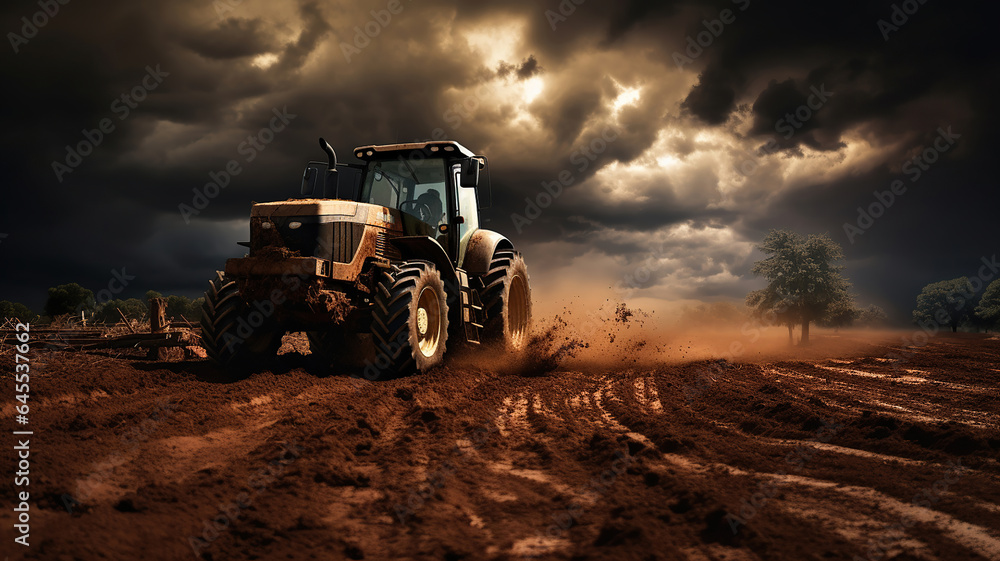 A tractor set against the backdrop of a farm field with a dramatic sky A tractor set against the backdrop of a farm field with a dramatic sky