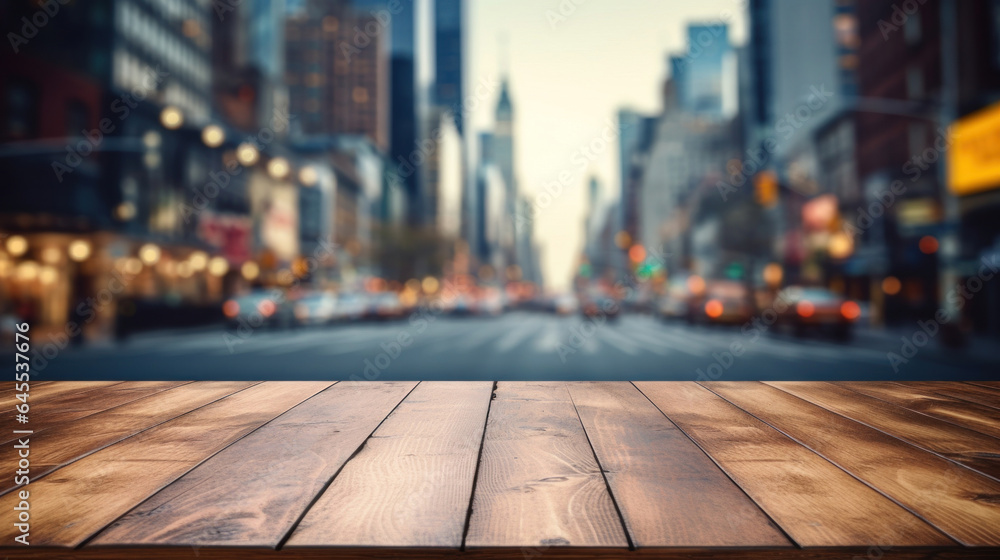Blank wooden tabletop with a blurred city background Blank wooden tabletop with a blurred city background