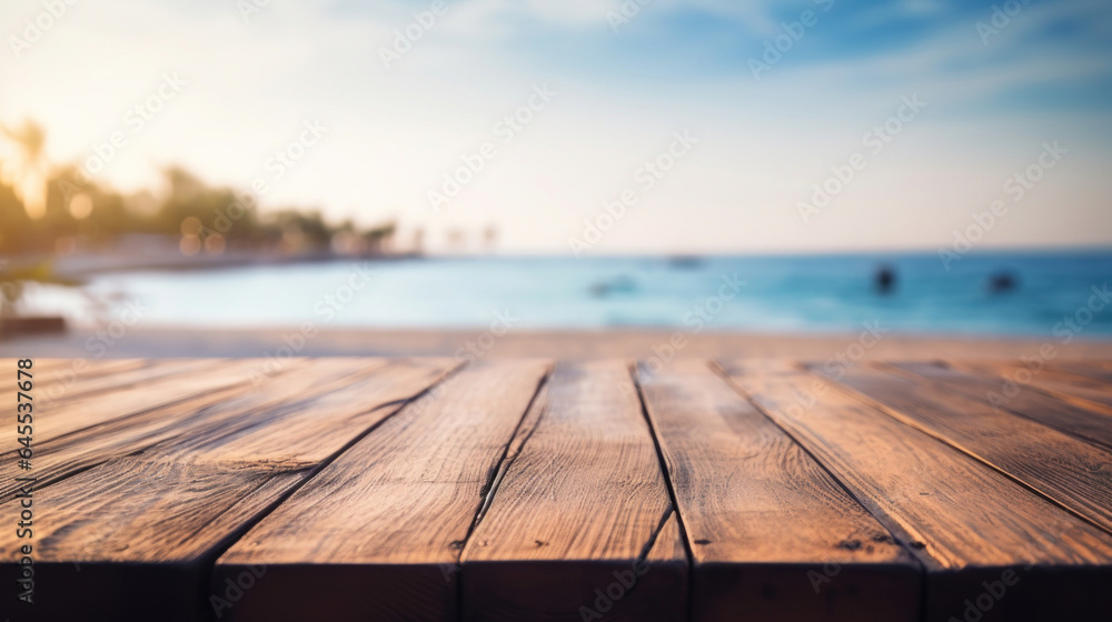 Empty wooden table top with blur background of seaside resort Empty wooden table top with blur background of seaside resort