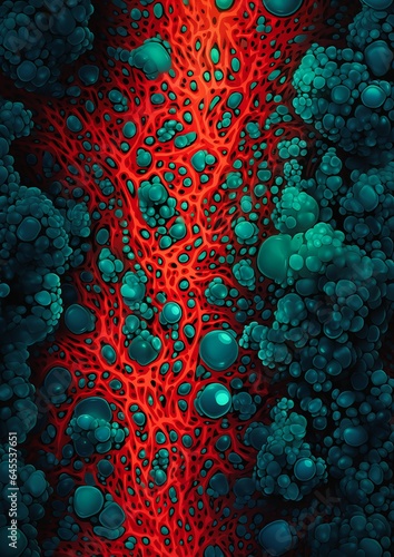 closeup red blue cell phone bubbles abiogenesis rhizomatic network high