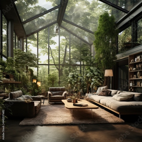 Interior Design of a Modern Villa all made of Glass through which you can see all the Exterior Vegetation.