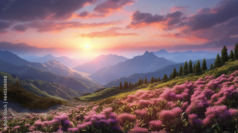 The stunning splendor of a sunset casting its warm light upon the mountains The stunning splendor of a sunset casting its warm light upon the mountains