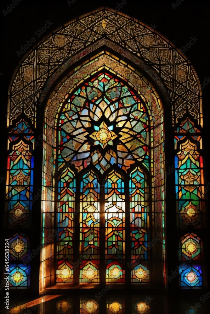Light shine through the window into islamic mosque interior made with Generative AI Light shine through the window into islamic mosque interior made with Generative AI