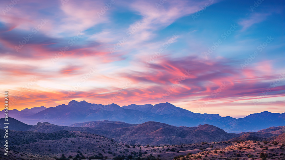The stunning splendor of a sunset casting its warm light upon the mountains The stunning splendor of a sunset casting its warm light upon the mountains