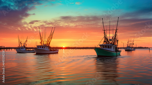 fishing boats setting out to sea with the beautiful sunrise in the background