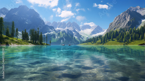 Alpine lakes, with their pristine, transparent waters, nestled among towering peaks © vectorizer88