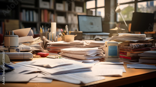 a cluttered desk piled with work tasks and documents