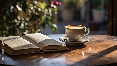 a cup of coffee or tea next to an open book on a table