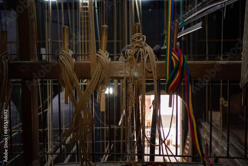 Ropes and wooden sheaves in old theater