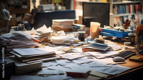 a cluttered desk piled with work tasks and documents © vectorizer88
