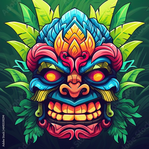 Tiki Face Stylized over a Tropical Background.