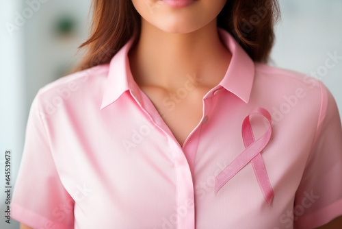 Pink October - Woman wearing pink blouse with bow in support of breast cancer prevention. International awareness movement for the early detection of breast cancer, Pink October - Generated by AI