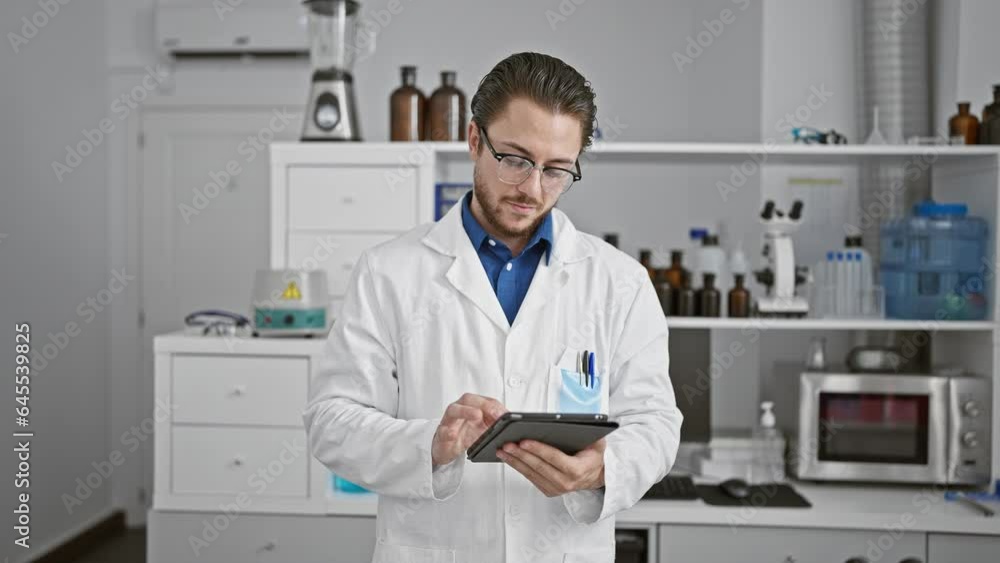 Young hispanic man scientist using touchpad smiling at laboratory Young hispanic man scientist using touchpad smiling at laboratory