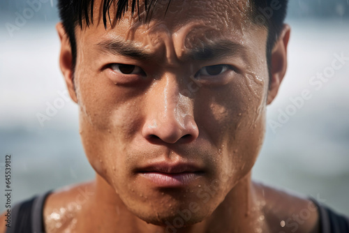 Young male professional muscular swimmer, man swimming front view, closeup with water splash