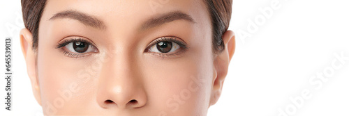Close-up shot of beautiful Asian woman's eyes on white background.