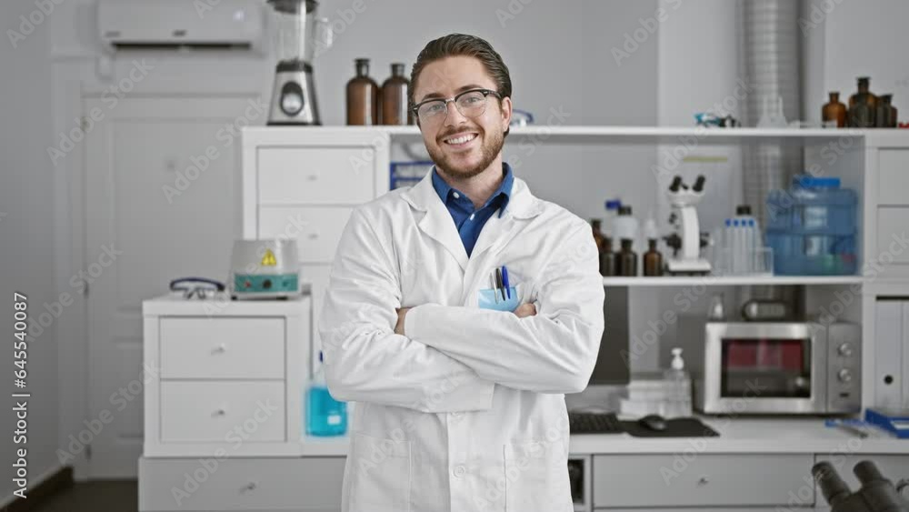 Young hispanic man scientist smiling confident standing with arms crossed gesture at laboratory Young hispanic man scientist smiling confident standing with arms crossed gesture at laboratory