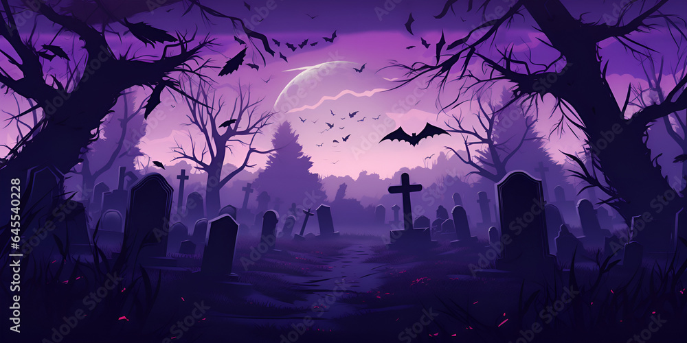 Old cemetery, halloween background, scary trees, bats, tombstones