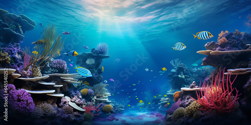 A colorful underwater scene with a fish and corals