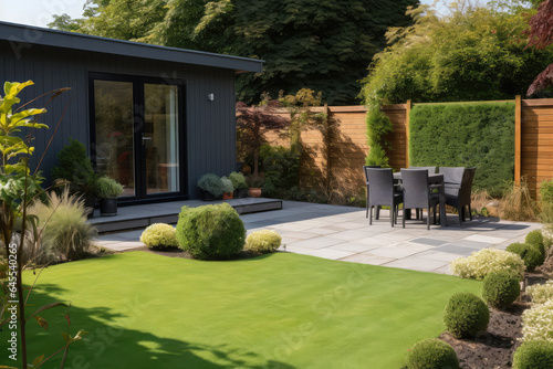 view of a back garden with artificial grass, grey paving slab patio, summer house garden timber outbuilding, fish pond