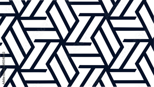 abstract black and white pattern. The patterns consist of lines, triangles, and other shapes arranged symmetrically in a repeating design