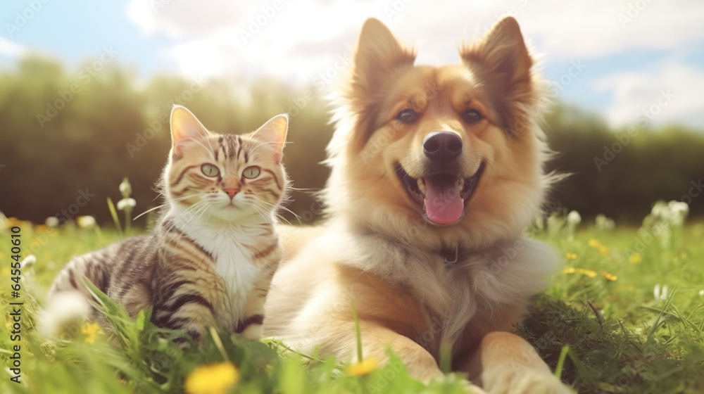 couple of friends a cat and a dog run merrily through a summer flowering meadow. couple of friends a cat and a dog run merrily through a summer flowering meadow.