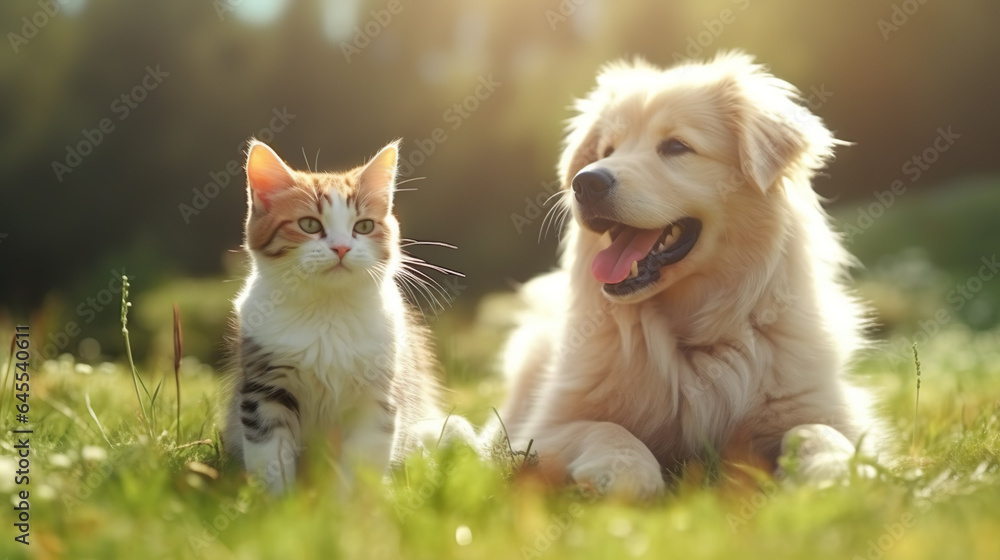 Obraz premium couple of friends a cat and a dog run merrily through a summer flowering meadow.