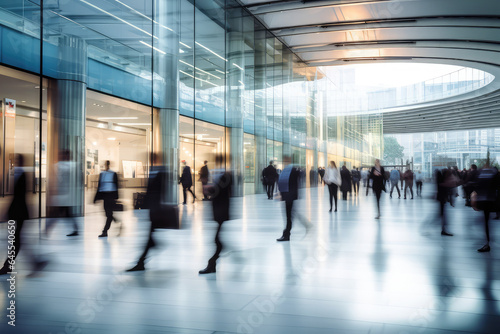 blurred business people walking in a modern entrance building