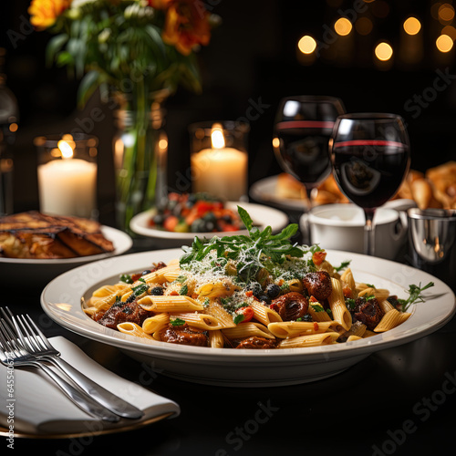 Penne pasta in tomato sauce with basil, on a wooden table, a blurred dark background. Delicious Italian cuisine with cheese.