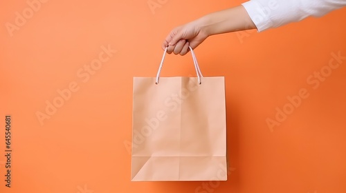 Hand holding shopping bag on pastel color background. Minimal style. Generative AI