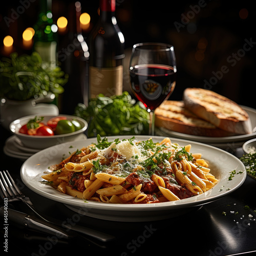 Penne pasta in tomato sauce with basil, on a wooden table, a blurred dark background. Delicious Italian cuisine with cheese.