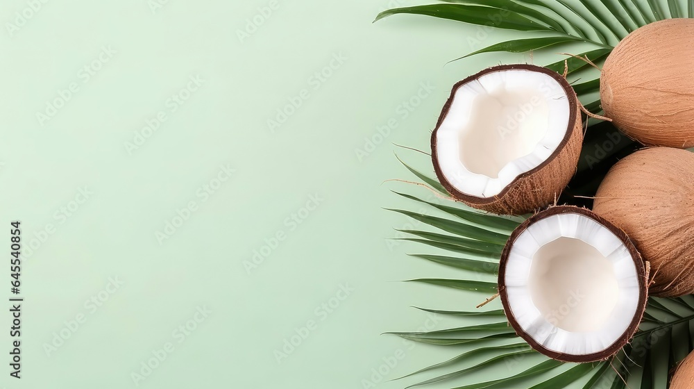 Flat lay. Top view. Coconut and coconut leaves on pastel background . Generative AI Flat lay. Top view. Coconut and coconut leaves on pastel background . Generative AI