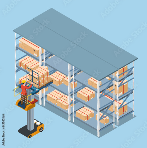 Using an order picker forklift, a warehouse employee driver loads cardboard boxes onto the shelves. Vector illustration eps10