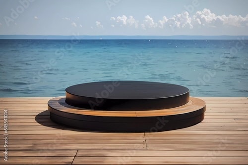 Empty black round podium on wooden table over sea background