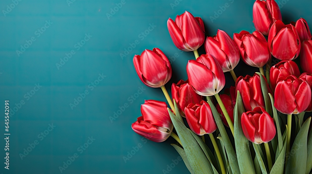 tulips on blue background, copy space tulips on blue background, copy space