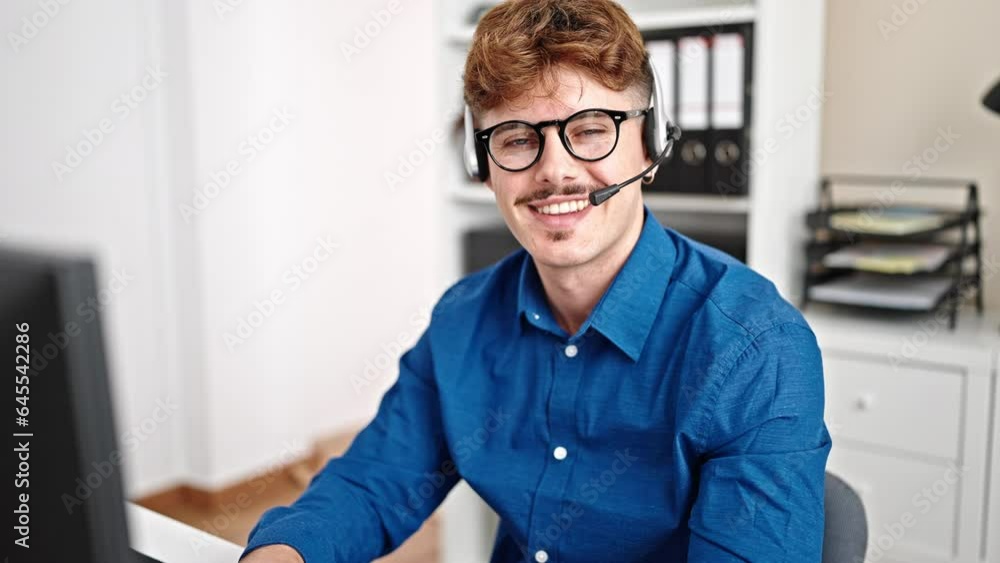Young hispanic man business worker using computer and headphones at the office Young hispanic man business worker using computer and headphones at the office