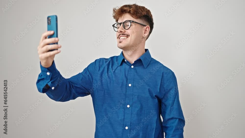Young hispanic man smiling confident having video call over isolated white background Young hispanic man smiling confident having video call over isolated white background