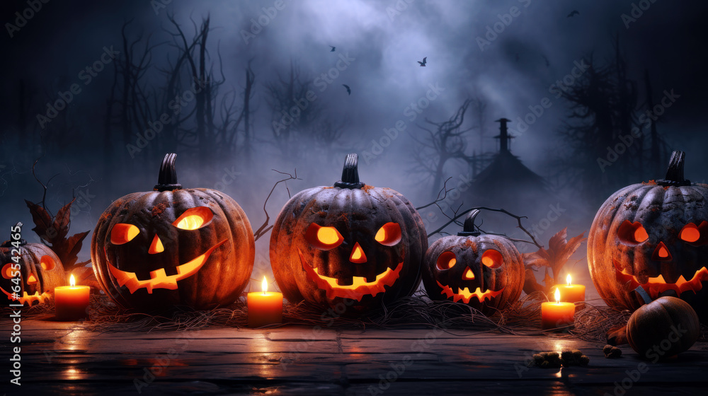 Halloween Spooky Night Scene with misty night background with copy space, Jack O' Lanterns pumpkin In Graveyard evil face Backdrop Halloween Spooky Night Scene with misty night background with copy space, Jack O' Lanterns pumpkin In Graveyard evil face Backdrop