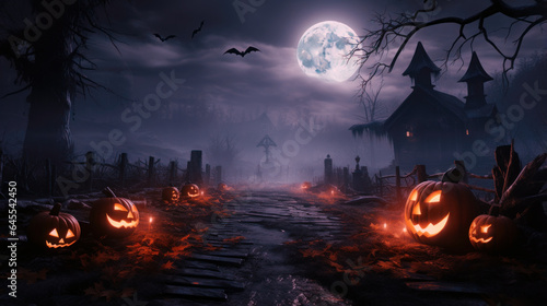 Halloween Spooky Night Scene with misty night background with copy space, Jack O' Lanterns pumpkin In Graveyard evil face Backdrop