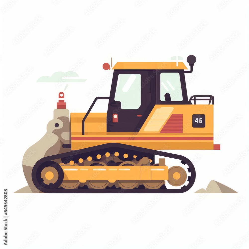 Bulldozer, 2D, simple, flat vector, cute cartoon, illustration, construction equipment, child-friendly, educational materials, whimsical graphics, charming design, lovable, playful. Bulldozer, 2D, simple, flat vector, cute cartoon, illustration, construction equipment, child-friendly, educational materials, whimsical graphics, charming design, lovable, playful.