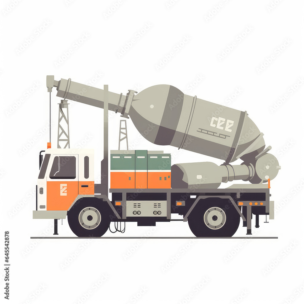 Concrete mixer truck, 2D, simple, flat vector, cute cartoon, illustration, construction equipment, child-friendly, educational materials, whimsical graphics, charming design, lovable, playful. Concrete mixer truck, 2D, simple, flat vector, cute cartoon, illustration, construction equipment, child-friendly, educational materials, whimsical graphics, charming design, lovable, playful.