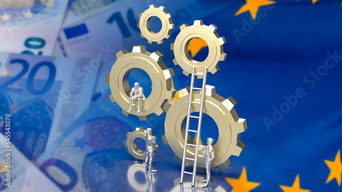 The Business man and gear group on Euro flag Background 3d rendering photo