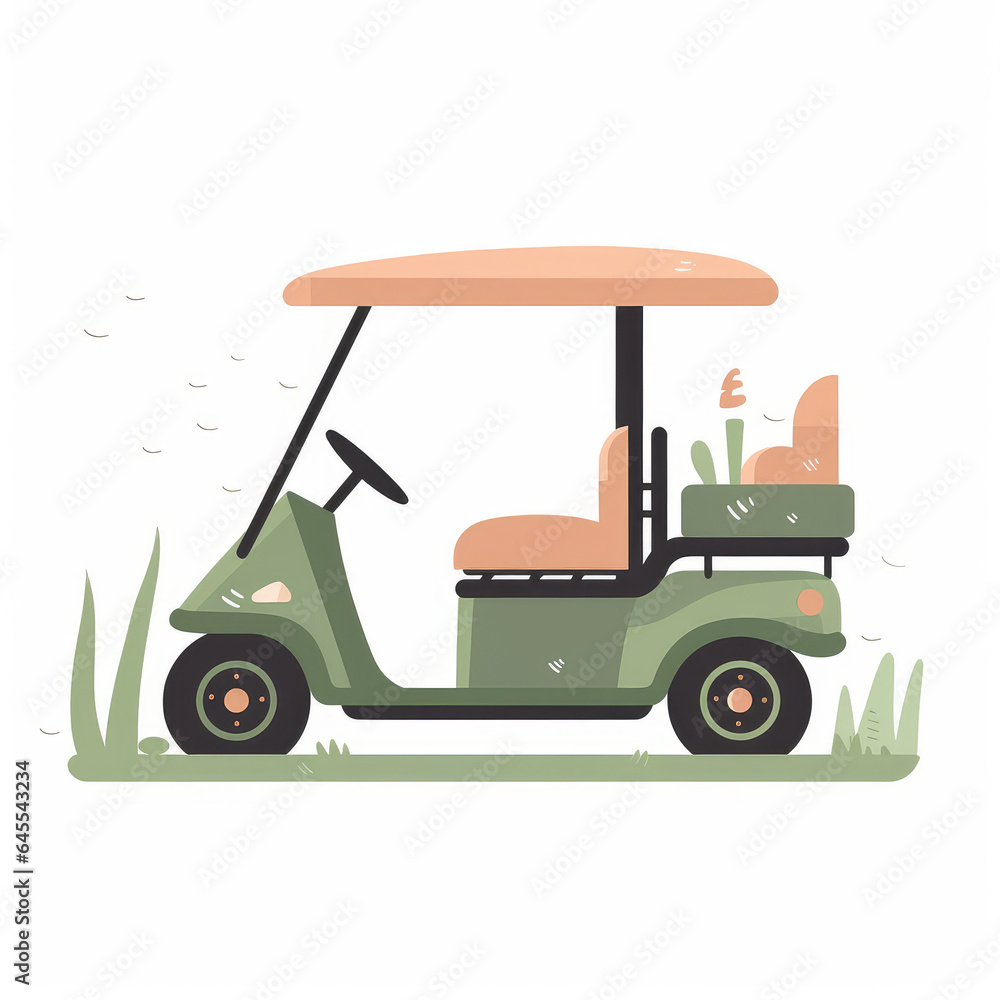 Golf cart, 2D, simple, flat vector, cute cartoon, illustration, recreational vehicle, child-friendly, educational materials, whimsical graphics, charming design, lovable, playful
