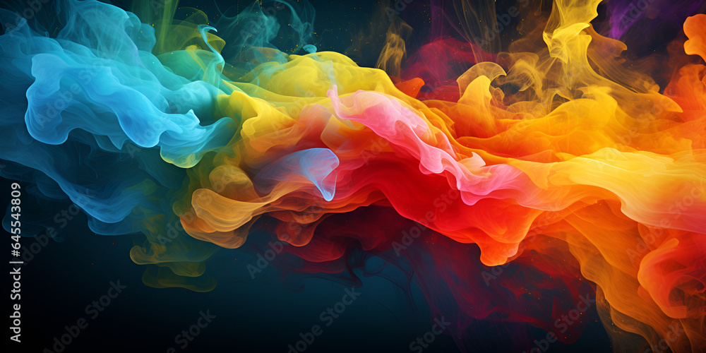 Vibrant CMYK  colorful smoke explosion on dark background