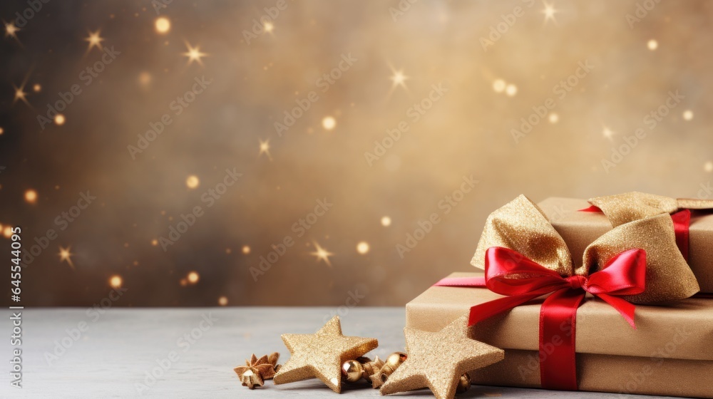 Christmas on a light gold background with a beautiful golden gift box with red ribbon, fir branches, cones, stars, and Christmas cookies. Christmas on a light gold background with a beautiful golden gift box with red ribbon, fir branches, cones, stars, and Christmas cookies.