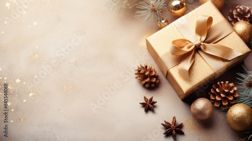 Christmas on a light gold background with a beautiful golden gift box with red ribbon, fir branches, cones, stars, and Christmas cookies.