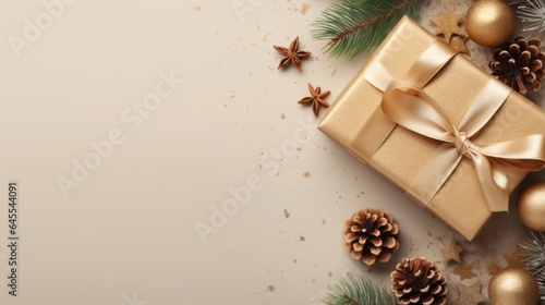 Christmas on a light gold background with a beautiful golden gift box with red ribbon, fir branches, cones, stars, and Christmas cookies. © sirisakboakaew