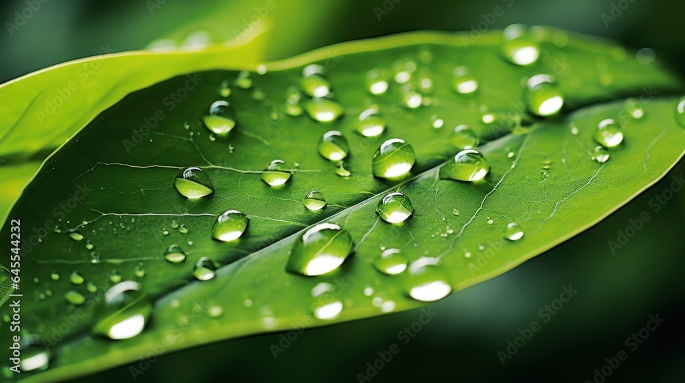 Beautiful big clear raindrops on green leaf macro Beautiful big clear raindrops on green leaf macro