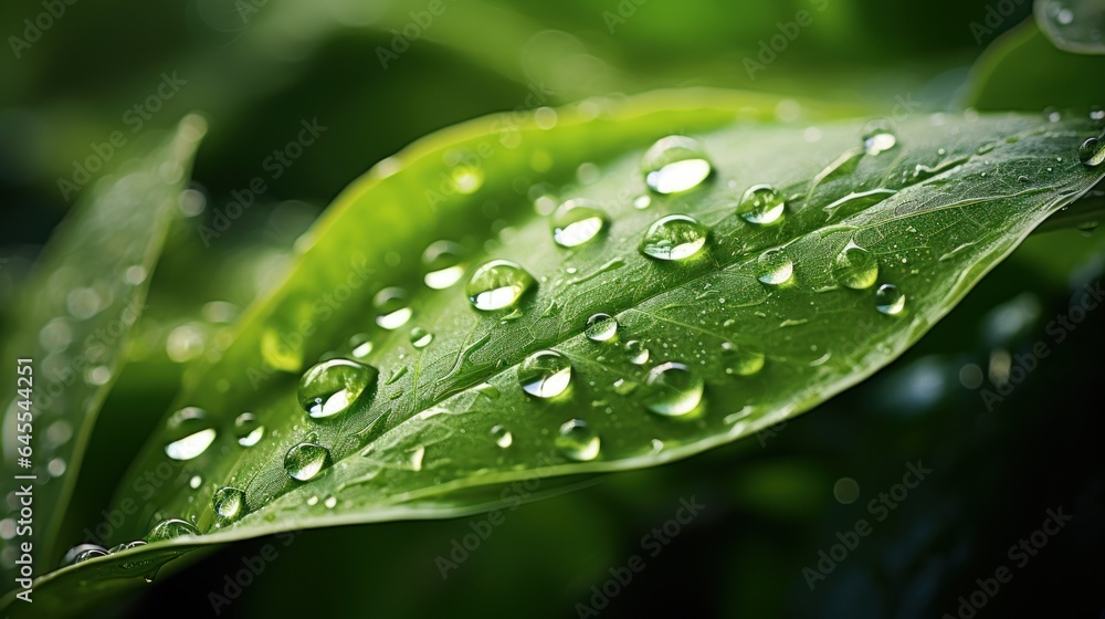 Beautiful big clear raindrops on green leaf macro Beautiful big clear raindrops on green leaf macro