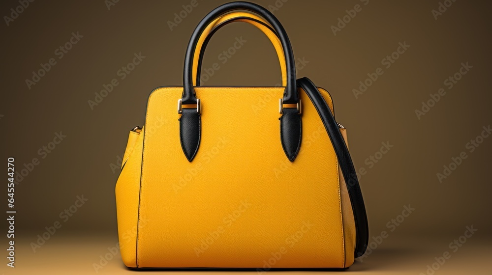 Stylish elegant female handbag in a beautiful state of black and yellow on a light studio background. - obrazy, fototapety, plakaty 