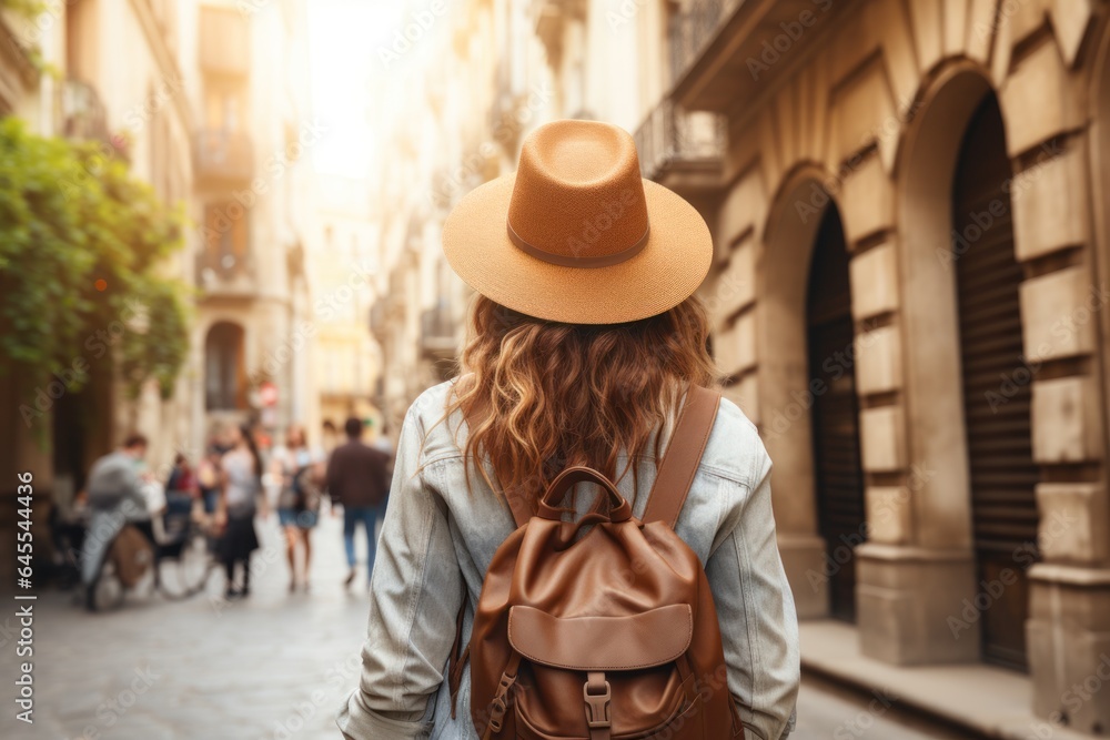 Rear view of female tourist wearing hat and backpack on vacation in France Rear view of female tourist wearing hat and backpack on vacation in France